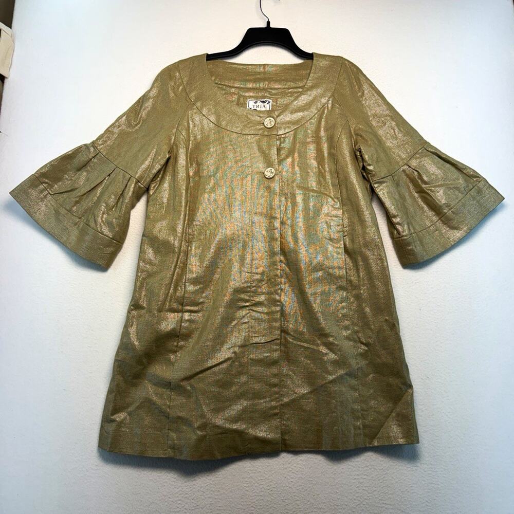 TRIA Women Gold Shimmer Button Front 3/4 Sleeve Lined Jacket XL elegant classy￼